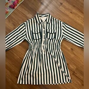Green and White Vertical Stripe Button-Front Dress